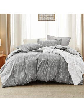 Floral Reversible Comforter Set - Cute Queen Bedding in Grey - Cozy & Stylish